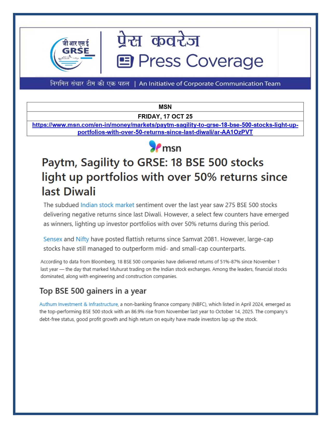 Press Coverage: 17 Oct 25:GRSE Strengthens Indigenous Research Shipbuilding with Keel Laying of Acoustic Research Ship for NPOL
